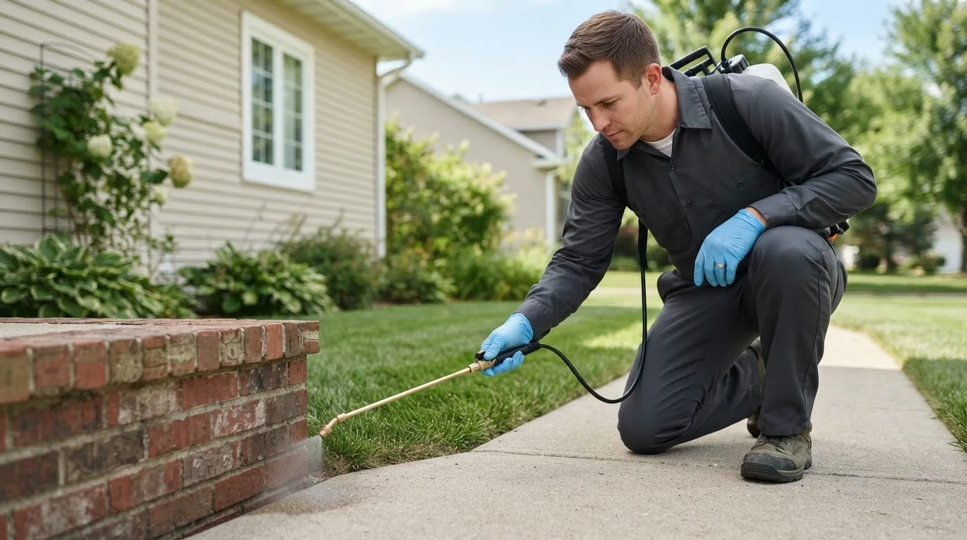 Pest control technician treating a home near Vernon, CO